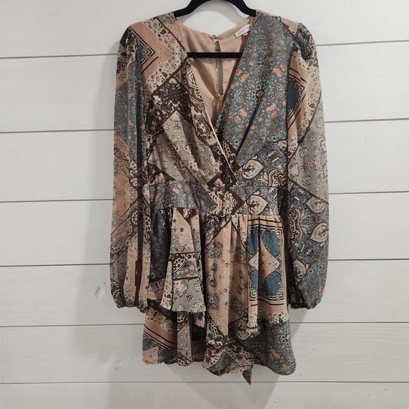 MainStrip Romper Womens Large Long-Sleeve Cream Teal Brown Boho Retro - Picture 1 of 14